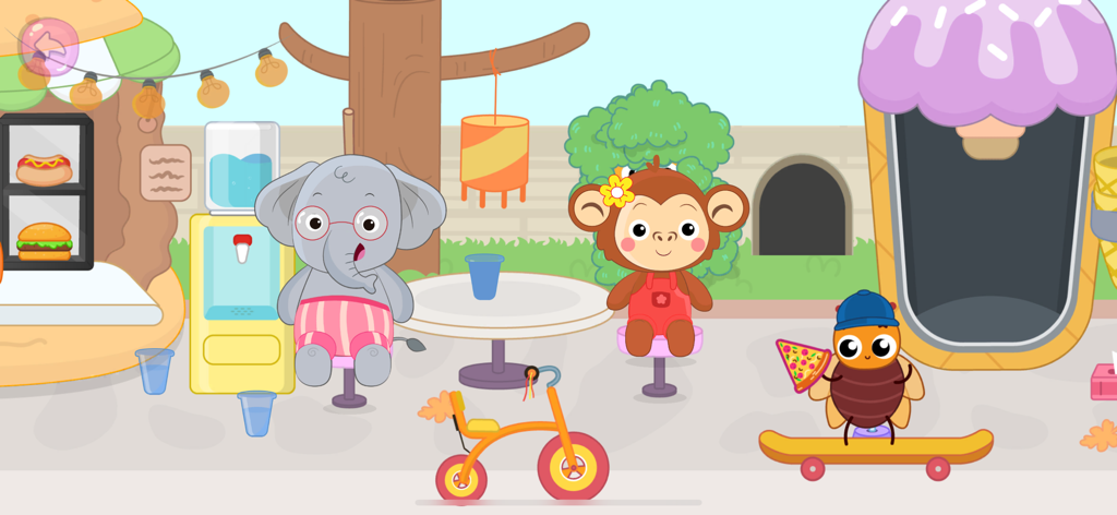 Kids Cooking Games for Toddler - Animais de desenho animado fofos em uma cena interativa de parque de diversões ao ar livre para bebês