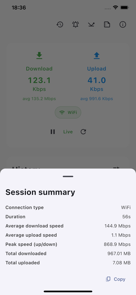 Network Monitor Pro session summary showing detailed WiFi performance and data usage