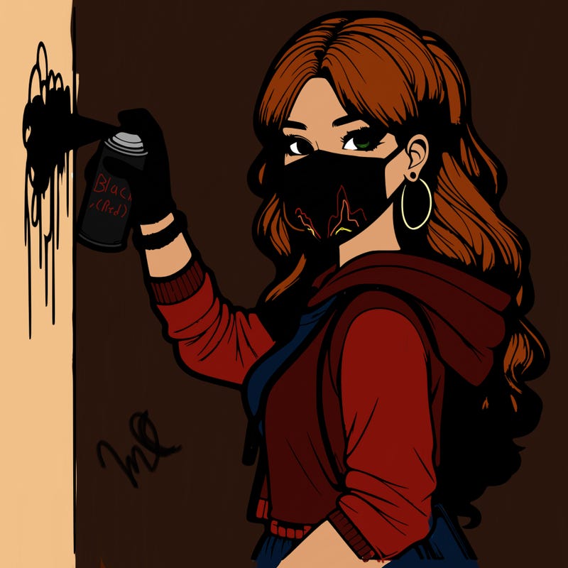 realistic girl with mask spray painting a wall