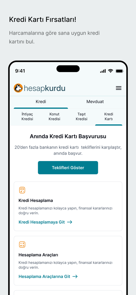 Hesapkurdu - Kıyasla, Yakala! - Hesapkurdu mobile app screen showing credit card deals and financial calculators