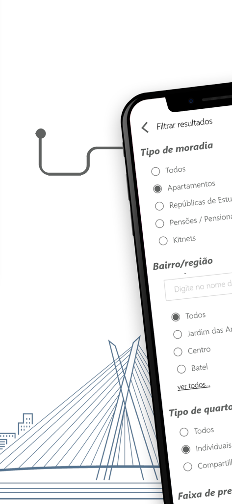 Écran de l'application WebQuarto montrant les filtres pour le type de logement, le quartier et le type de chambre