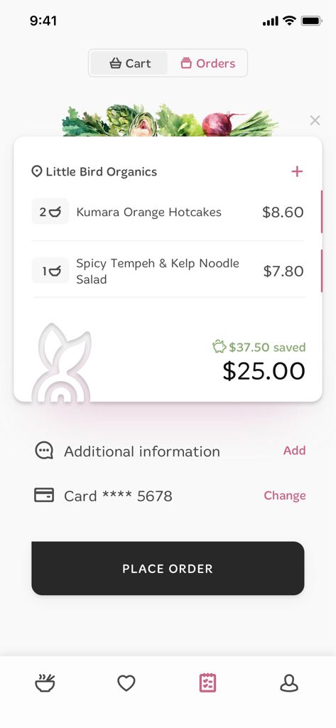 Schermata di checkout dell'app Foodprint che mostra un ordine di cibo con i risparmi di Little Bird Organics