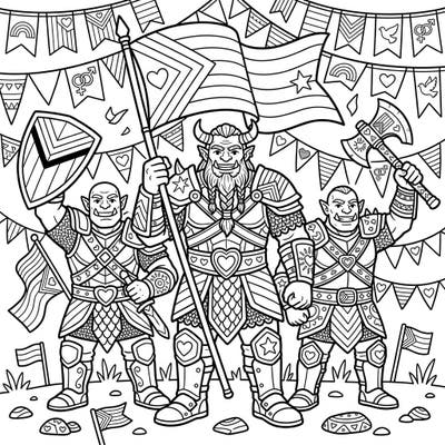 Join these powerful Orc Warriors as they proudly march in celebration of diversity and love. This unique coloring page blends fantasy strength with the vibrant spirit of Pride Month, offering an empowering artistic experience.