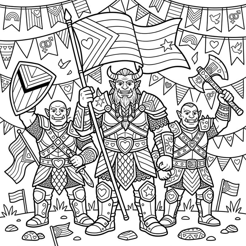Join these powerful Orc Warriors as they proudly march in celebration of diversity and love. This unique coloring page blends fantasy strength with the vibrant spirit of Pride Month, offering an empowering artistic experience.