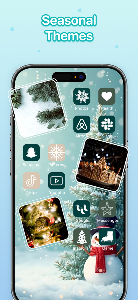 Themes - Widget & Icon Themes - Custom iPhone home screen with a seasonal winter theme featuring festive icons and widgets