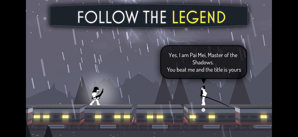 Two stickman ninjas facing off on top of a train in a rainy night scene.