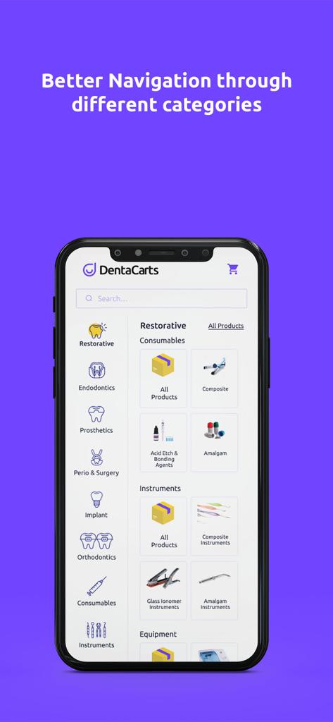 DentaCarts - DentaCarts app interface showing dental supply categories like restorative and endodontics for easy navigation