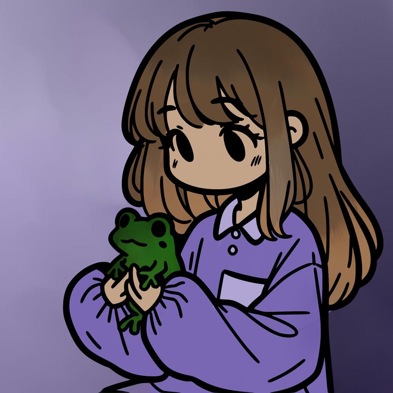 girl with long hair and a oversized shirt. and she is holding a frog