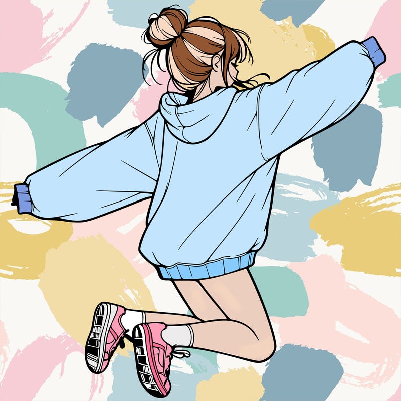 realistic girl jumping with a bun and oversized sweatshirt