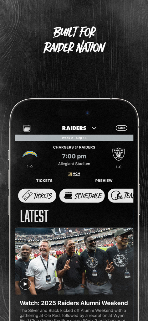 Raiders + Allegiant Stadium - Home screen of the Raiders plus Allegiant Stadium app featuring game schedule and team content