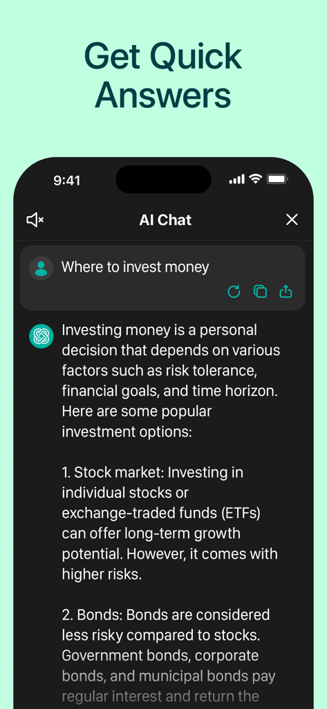 AI Chatbot with Сhat - Chatrun - Mobile interface of Chatrun AI chatbot providing quick answers to a user question about investing.