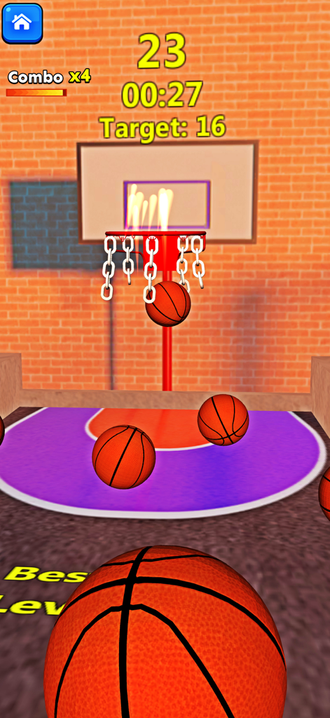 Fun Mini Games: No WiFi - Jogabilidade de minijogo de basquete arcade mostrando pontuação e cesta