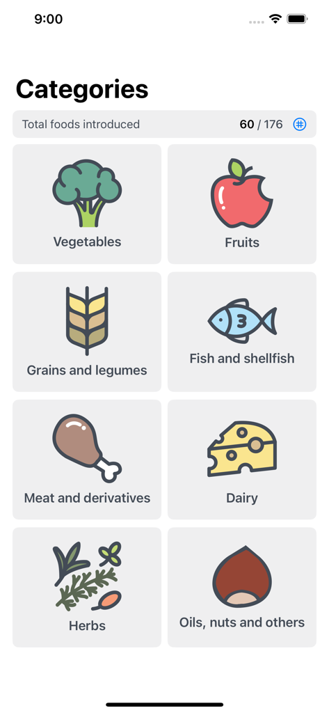 Baby Foods Tracker - Baby Foods Tracker app screen showing food categories like vegetables, fruits, and dairy with a progress counter for introduced foods.