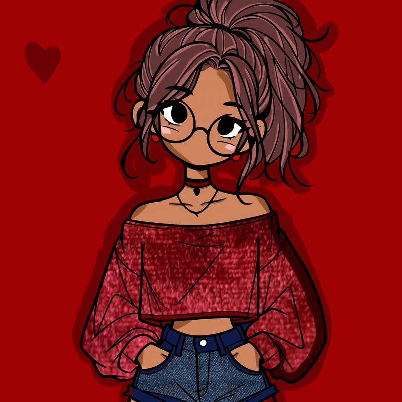 girl with a messy ponytail glasses a baggy crop top and jean shorts