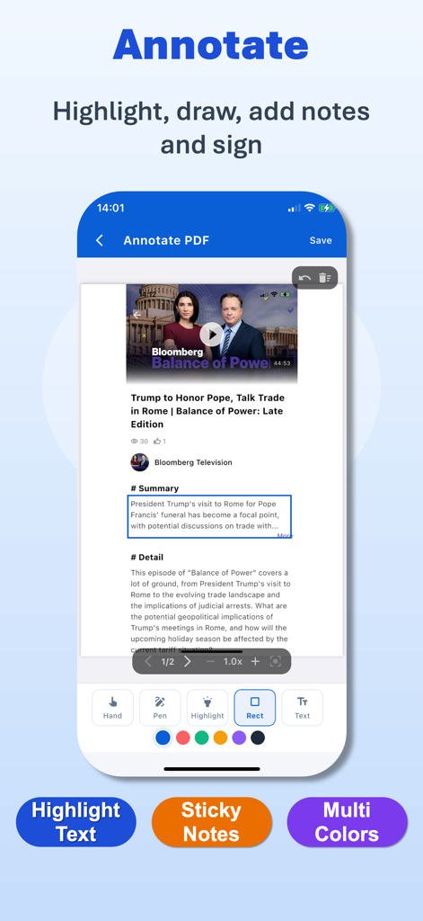 PDF Maker: Scanner & Converter - Pantalla móvil mostrando la herramienta de anotación de la aplicación PDF Maker para resaltar y dibujar en documentos