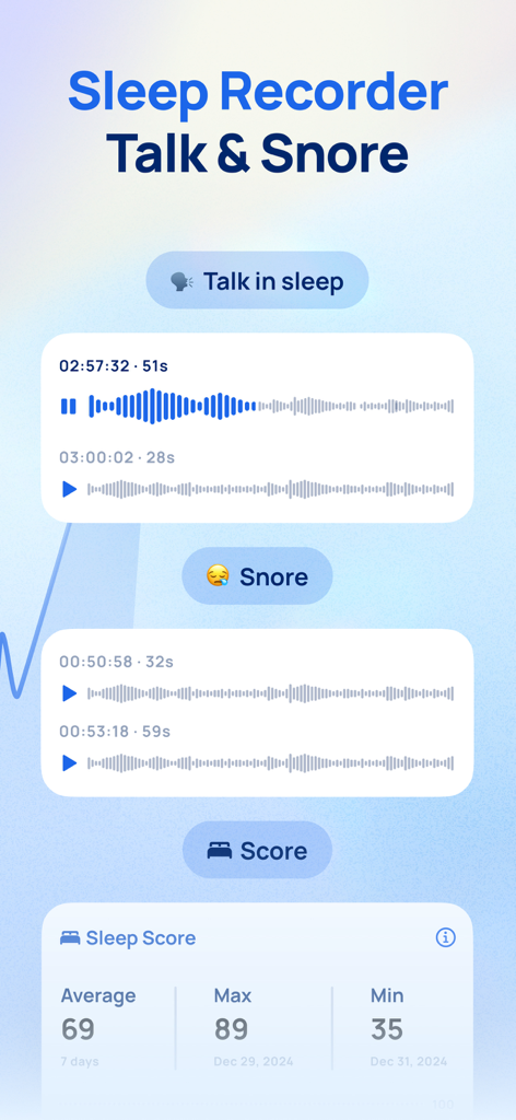 Ease app screenshot showing sleep recorder features including talk and snore detection and sleep score summary.