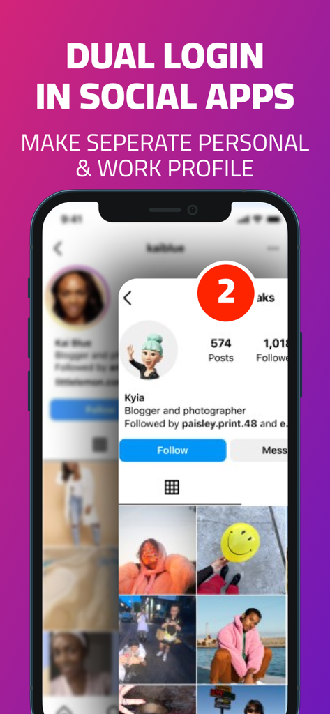 iPhone-Bildschirm mit mehreren Anmeldeinformationen für soziale Medien für private und berufliche Profile