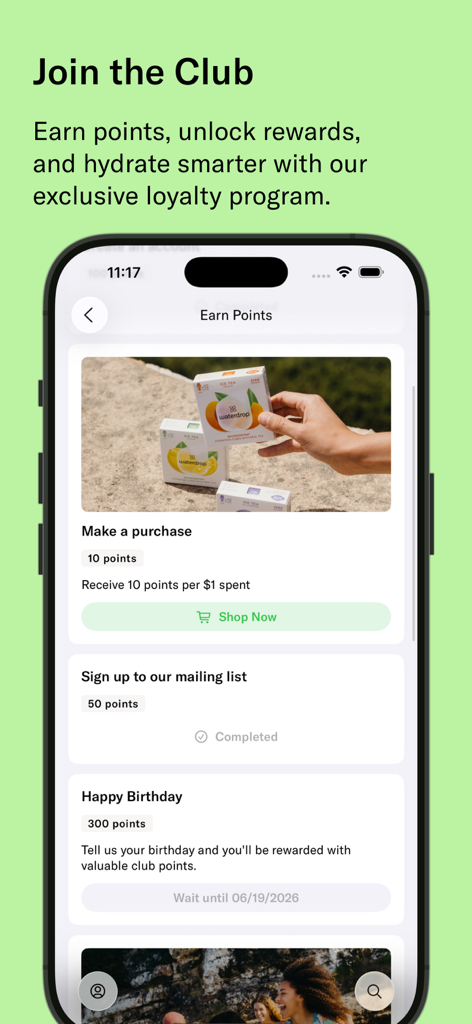 waterdrop® Shopping App - A screen from the waterdrop app showing the loyalty club reward system and points earning options.