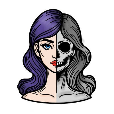 bust of a woman, half face and hair, half skull