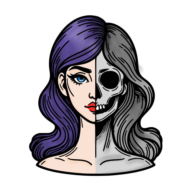 bust of a woman, half face and hair, half skull