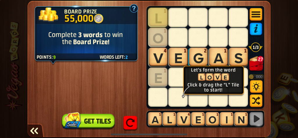 Vegas Downtown Slots & Words - Gameplay screen of Vegas Downtown Slots and Words showing a crossword puzzle board and letter tiles