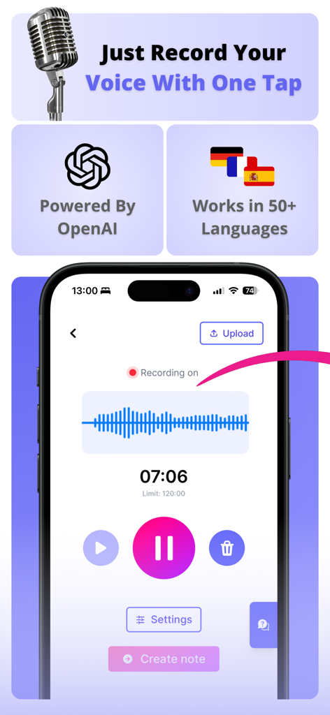 Talknotes app recording screen showing waveform timer and OpenAI integration