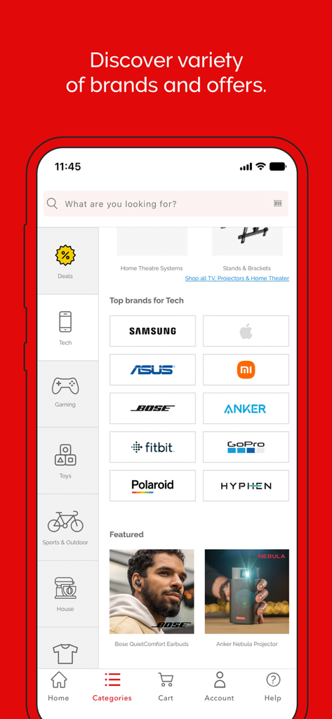 Virgin Megastore mobile app interface showing top tech brands and a shopping categories sidebar