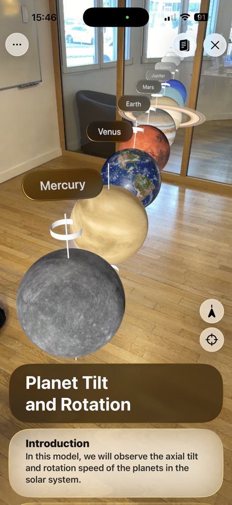 Augmented-Reality-Ansicht der Planeten des Sonnensystems, die Neigung und Rotation in einem Raum zeigt