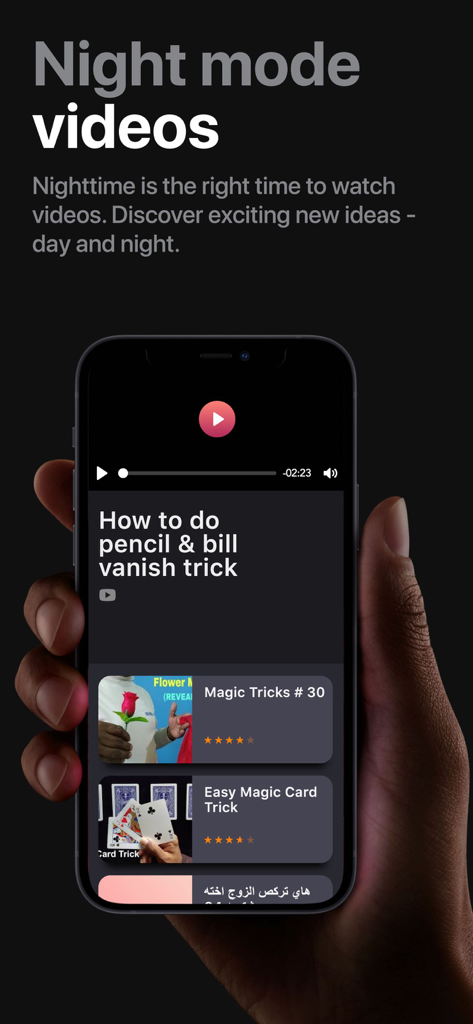 iPhone displaying a magic trick tutorial video with pencil and bill vanish in night mode