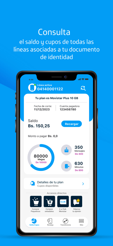 Mobile Benutzeroberfläche der Mi Movistar Venezuela App, die das Kontoguthaben und die Pläne anzeigt