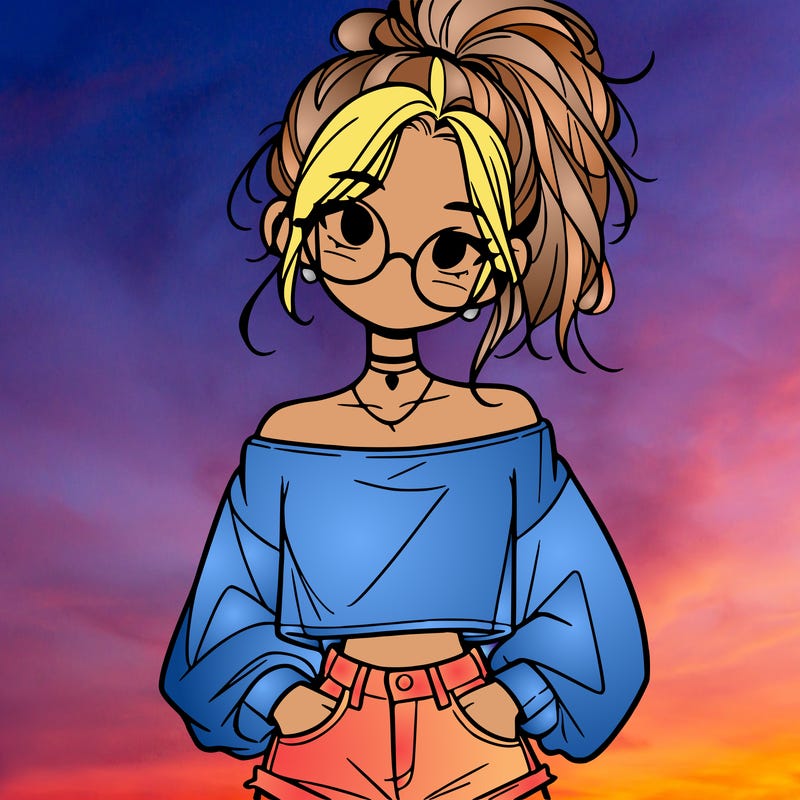girl with a messy ponytail glasses a baggy crop top and jean shorts