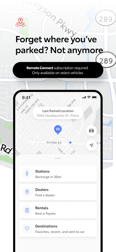 Toyota mobile app screen showing the vehicle last parked location on a map