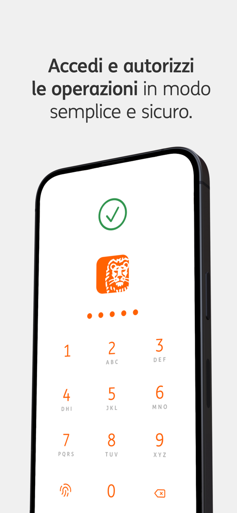 ING Italia - Banca Online - Schermata di accesso sicura dell'app bancaria ING Italia con tastierino numerico e icona di autenticazione biometrica tramite impronta digitale