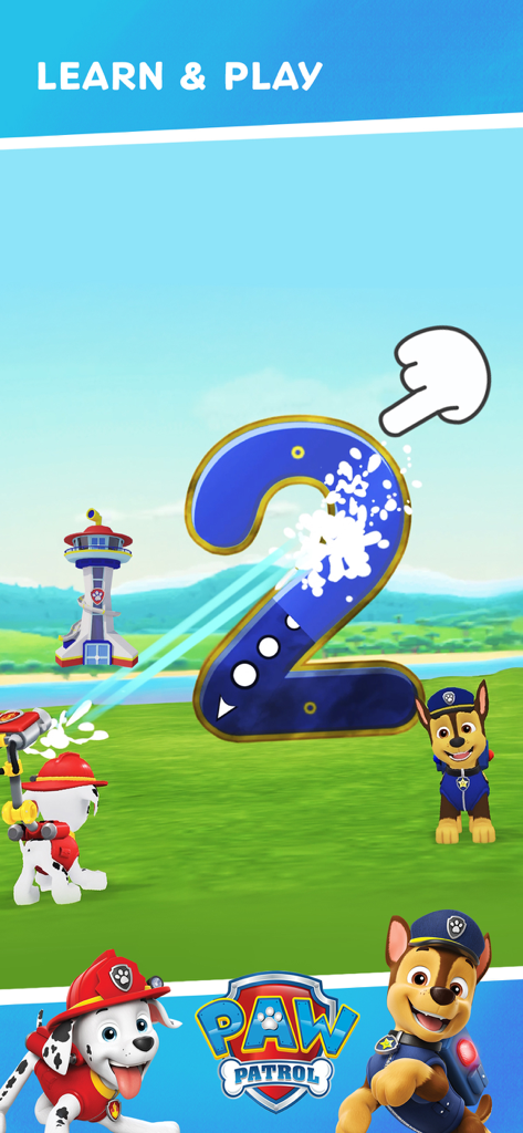 A PAW Patrol themed educational game screen where a child is tracing the number two.