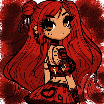 cool anime girl long hair half up in a bun has tattos and big eyelashes with some piercings not many wearing a short skirt and tank top