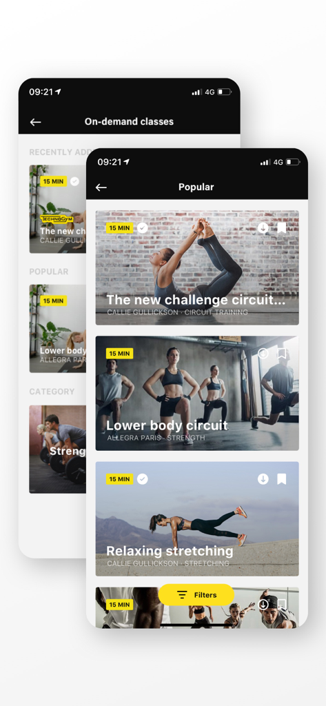 Schermate di smartphone che mostrano una selezione di lezioni di fitness on demand nell'app Mywellness