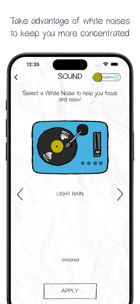 Fatty Cat! - Study Companion - Pantalla de selección de ruido blanco en la aplicación Fatty Cat! Study Companion con una ilustración de tocadiscos dibujada a mano y la opción Lluvia Ligera.