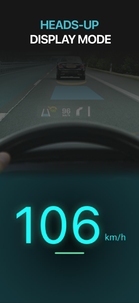 Modo de pantalla frontal (HUD) de un velocímetro GPS digital mostrando la velocidad en un parabrisas.
