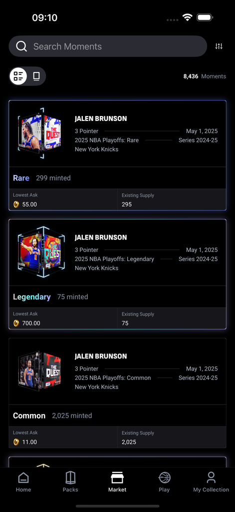 NBA Top Shot app marketplace showing Jalen Brunson digital collectibles with rarity levels and prices
