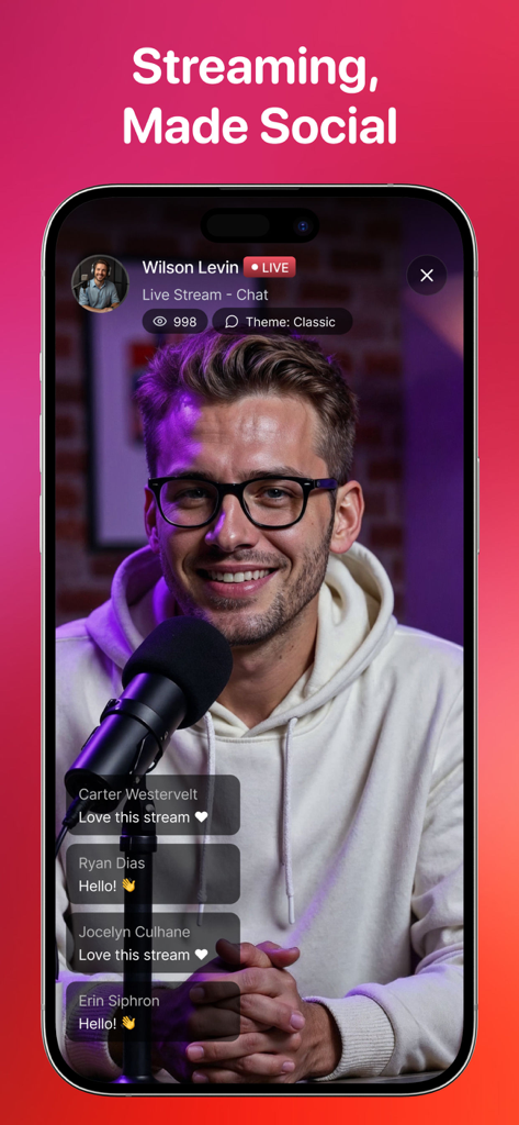 SoLive: Go Live Simulator - Interface of the SoLive app showing a simulated live stream with a host and interactive chat