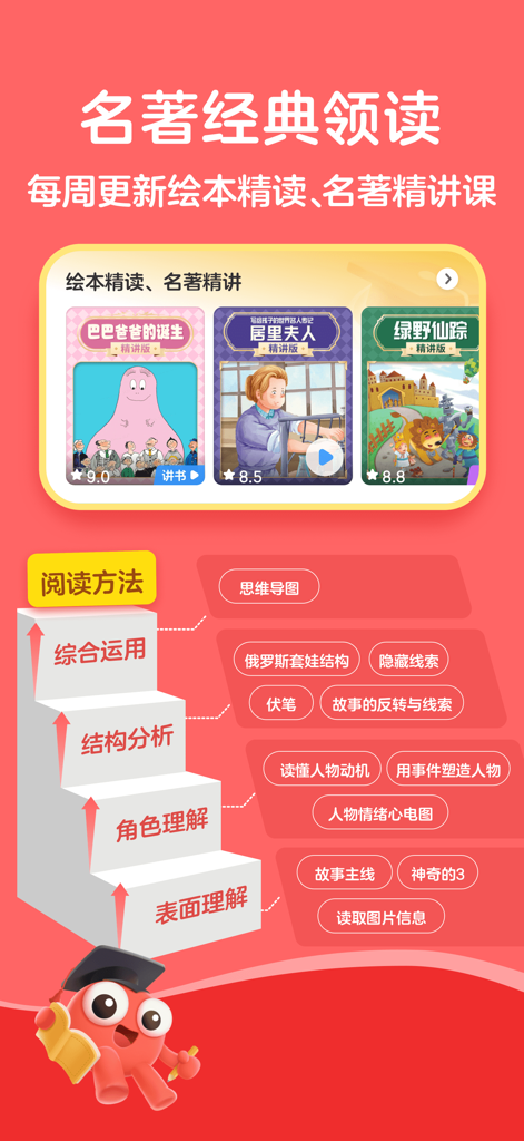 L'application KaDa Reading propose une méthode de lecture systématique en quatre niveaux pour les enfants, avec des classiques et des livres illustrés.