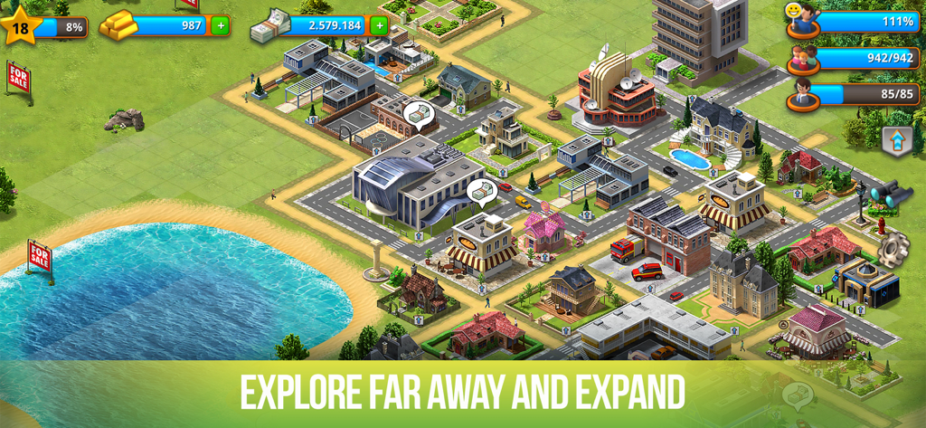Paradise City: Simulation Game - A tropical city building simulation showing houses roads and a beach