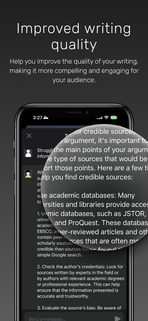 AI Essay Writer: Writing Tools - Benutzeroberfläche der KI-Essay-Schreiber-App, die Ratschläge zur Suche nach glaubwürdigen akademischen Quellen zur Verbesserung der Schreibqualität anzeigt