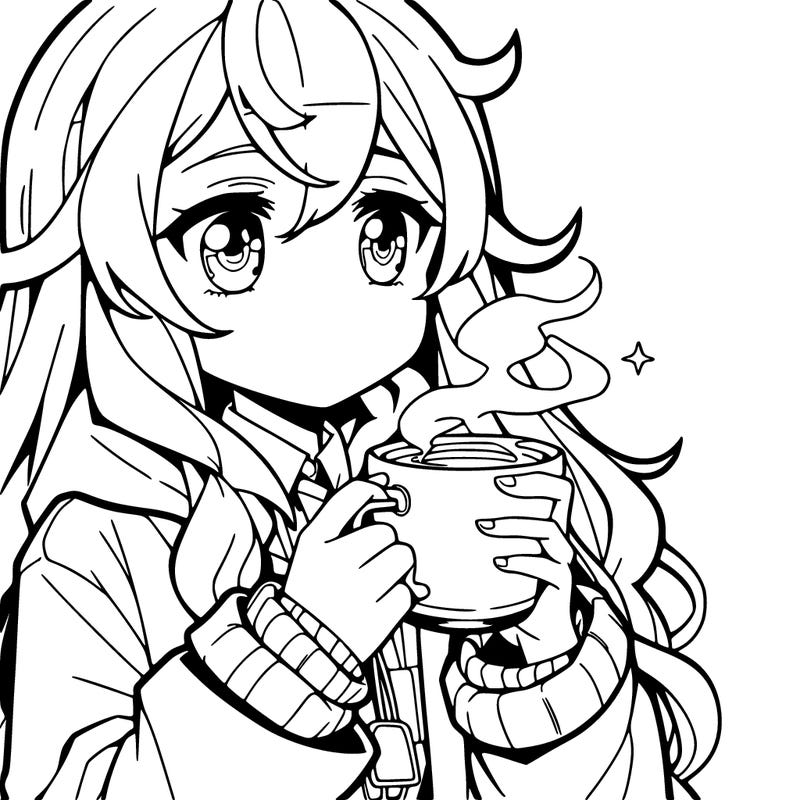hot anime girl drinking coffee in the morning
