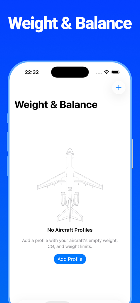 E6B - Flight Computer - Weight and Balance setup screen in the E6B Flight Computer app showing an aircraft illustration and an add profile button.