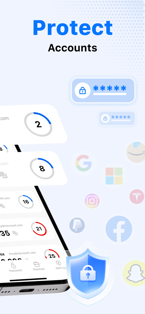 Authenticator App-Oberfläche zeigt sichere Konto-Verifizierungscodes mit einem blauen Schutzschild