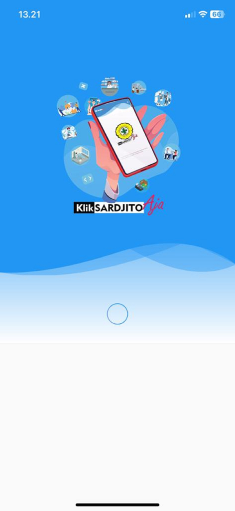 Introductory splash screen for the Klik Sardjito Aja patient portal app showing a smartphone and healthcare service icons