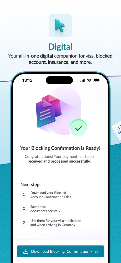 Écran de l'application Fintiba montrant le paiement réussi du compte bloqué et les fichiers de confirmation prêts à être téléchargés