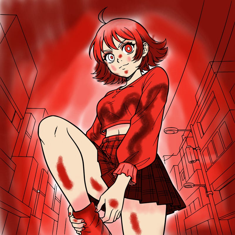 a girl with a twisted leg and short hair and is wearing a skirt and a long sleeve crop top