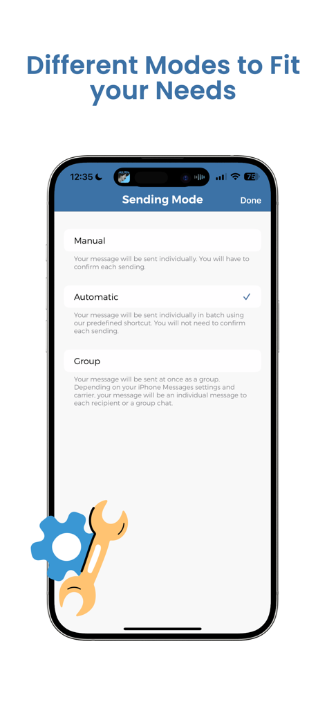 Interface mostrando modos de envio manual, automático e em grupo no aplicativo Group Text.